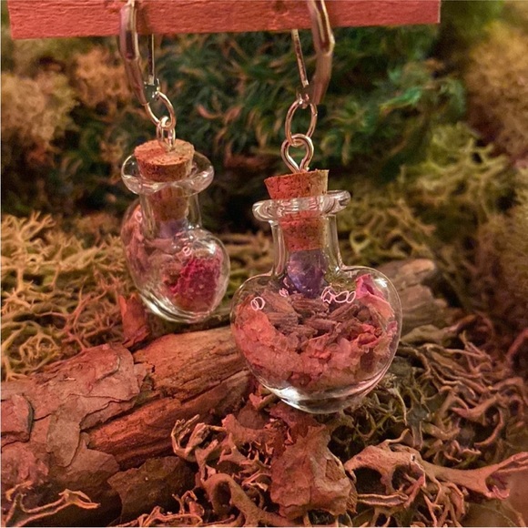 Earrings handmade Bottle Heart Love Herbal 
Rose Amethyst Salt Lavender witchy - Picture 8 of 10